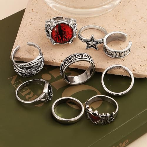 Image of IFKM Vintage Silver Knuckle Rings Set for Women, Stackable Joint Finger Statement Rings Bohemian Retro Hollow Carved Midi Rings, Boho Halloween Skeleton Skull Snake Heart Chunky Stacking Rings Pack