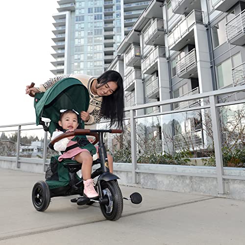 Image of QPlay Rito - Premium Luxury Foldable Trike for Toddlers Featuring Leather touchpoints, Toddler Tricycle Stroller, Push & Fold Tricycle for Ages 12 Months to 5 Years, Alpine Green Edition