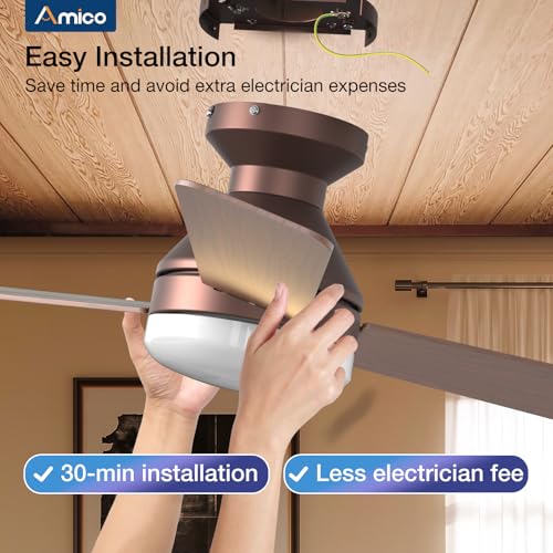 Image of Amico Ceiling Fans with Lights, 42 inch Low Profile Ceiling Fan with Light and Remote Control, Flush Mount, Reversible, 3CCT, Dimmable, Noiseless, Brown Ceiling Fan for Bedroom, Indoor /Outdoor Use