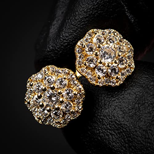 Yellow Gold Plated 925 Sterling Silver Flower Cluster Honey Comb Set Hip Hop Iced 5A Cz Lab Simulated Hypoallergenic Trendy Round Stud Screw Back Circle Earrings2