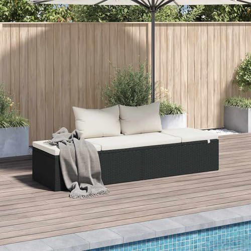 Gecheer Sofá Tumbona de Jardín de Rattan Sintético para Exterior   Negro y Blanco Crema, Acolchado Grueso, Fácil de Limpiar y Montar