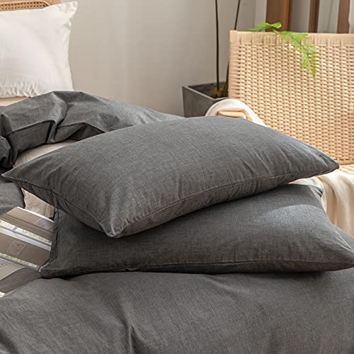 Image of BESTOUCH Cotton Solid Duvet Cover Set Linen Feel Dark Grey Super King Plus | 100% Washed Cotton, Soft Wrinkle Texture, Hidden Zipper, 8 Ties, Breathable Lightweight Durable Comfy, 3 Pcs No Insert