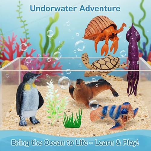 Image of SHAKTISM Ocean World Animal Toy Set for Kids - 6 PCS Realistic Sea Creature Figures, Penguin, Turtle, Seal, Crab, Squid, Shrimp, Plants, Educational Ocean Playset for Boys & Girls