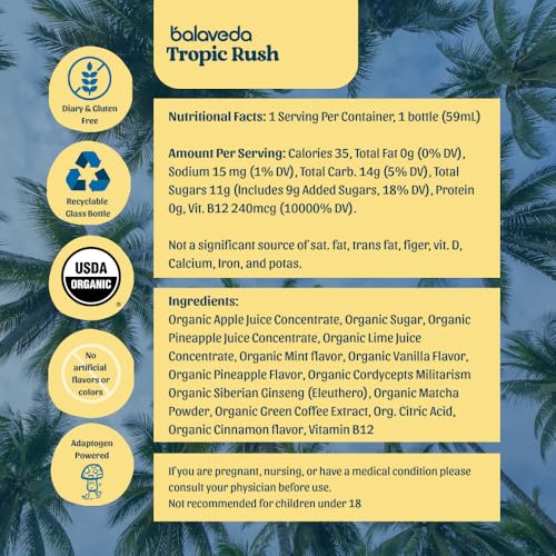 Image of balaveda Tropic Rush Energy Shot, Mint Pineapple, Organic Matcha, 12 Pack | Organic Matcha, L-Theanine, Cordyceps, Eleuthero + Vitamin B12, 2 fl oz Glass Bottles, Pack of 12