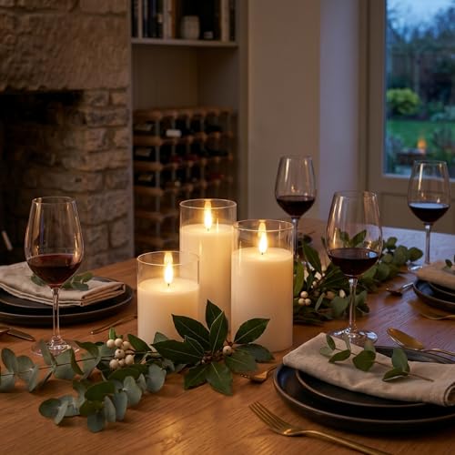 Image of JHY DESIGN Set of 3 Glass Wax Flameless Candles 3D LED Candles White Wax Flickering Battery Candles with 8-Key Remote Control Timer for Home Wedding Party Christmas(Pivoted Flame-Shaped Tip)
