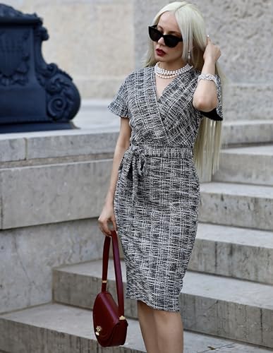 GRACE KARIN Women's Tweed Work Pencil Dress Stretchy Business Office Bodycon Midi Dresses Short Sleeve3