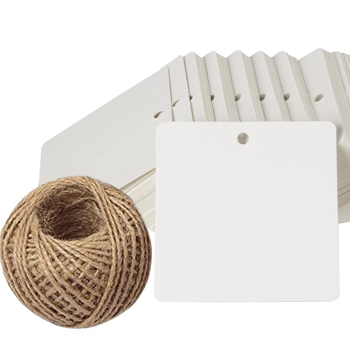 OUMEIDY100 PCS Kraft Gift Tags Square Blank Paper Hang Tags Price Tags with 100 Feet Jute Twine (White)