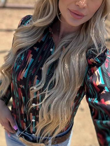 Womens Retro Aztec Pearl Snap Shirts Lapel Button Up Blouse Long Sleeve Cowgirl Ethnic Print Rodeo Western Tops4