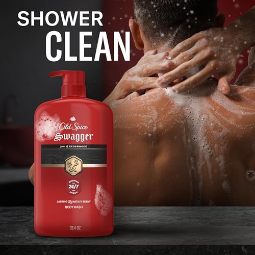 Image of Old Spice Body Wash for Men, 24 /7 Shower Fresh with Long Lasting Scent, Refreshing 3X Defense, Red Collection, Swagger with Cedarwood Scent, 33.4 oz (Pack of 4)