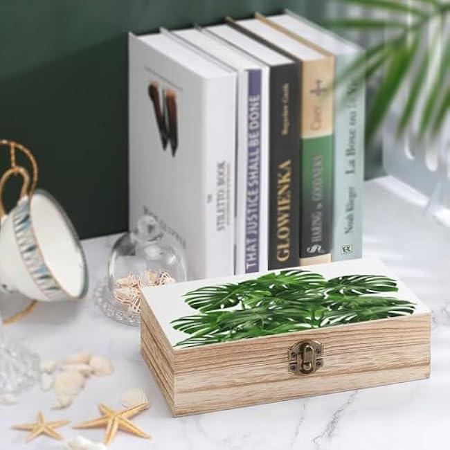 Wooden Storage Box with Hinged Lid, 7.9 X 3.7 X 2.3 Inches, Monstera Deliciosa Banana Palm Printed Paulownia Wood Box, Suitable for Crafts, Decoration And Home Keepsake Box.