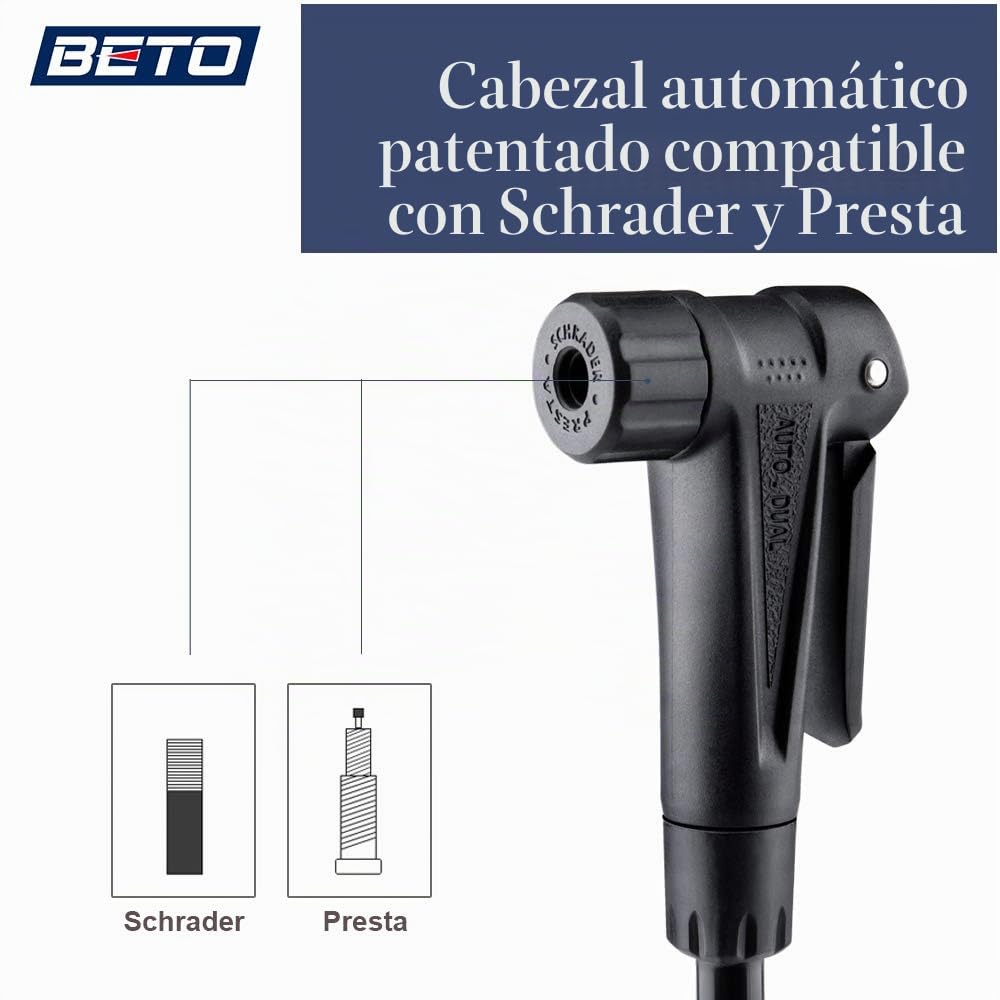 Beto Bomba de bicicleta portátil – Bomba de suelo para bicicleta con indicador industrial montado en la parte superior y botón de purga de aire – Válvula Presta Schrader Dunlop universal, tubo de