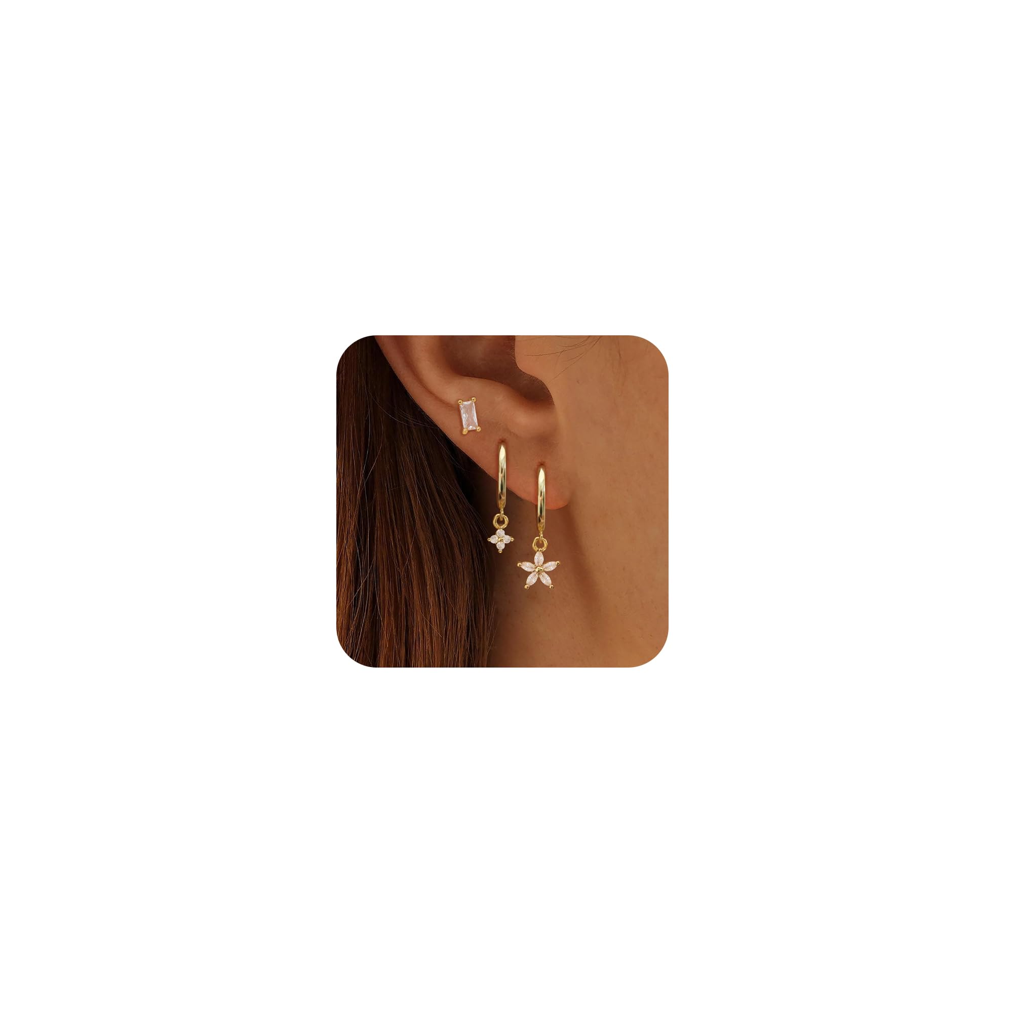 Gold Earrings for Women,Dainty Flower Earrings 14k Gold Plated Hoop Earring Set Hypoallergenic Drop Earrings for Women Trendy Gold Jewelry
