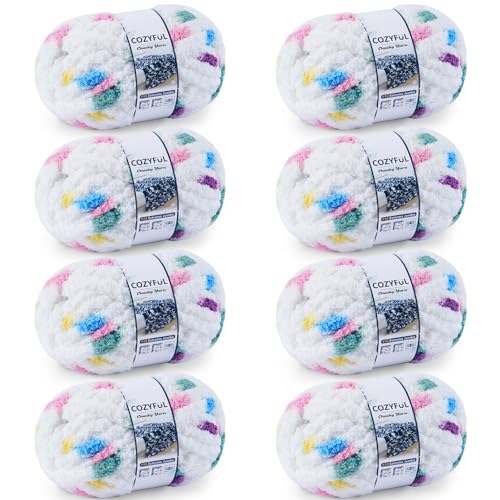 Image of Cozyful Chunky Yarn for Hand Knitting - #10 Chunky Chenille Blanket Yarn, Jumbo Big Thick Chunky Yarns for Crocheting, Tie Dye Bulky Knit Yarns, 8 Skein (20 yds 8 oz Each Skein), Rainbow & White