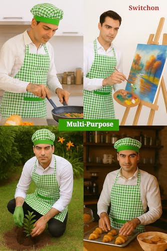 Image of Switchon Checkered Cotton Kitchen Cooking Apron with Chef Hat - Pack of 2 | Multi-Purpose Chef & Waiter Apron for Men & Women | Home, Hotels, Restaurants & Cafes | Proudly Made in India
