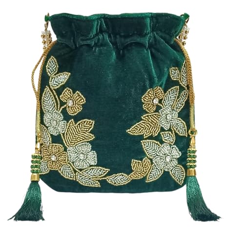Image of Velvet Potli Bag with Golden & Silver Beaded Flower Embroidery - Handcrafted Ethnic Drawstring Bag for Weddings, Parties & Festive Gifts - Beaded Handle & Tassels for Women
