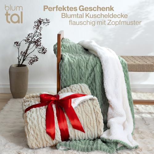 Blumtal Kuscheldecke 150x200 cm mit Zopfstrick-Optik - Oeko-TEX zertifizierte Mikrofaser Fleecedecke mit weicher Sherpa-Innenseit/Sherpa Decke flauschig 150x200 - Beige und Weiß