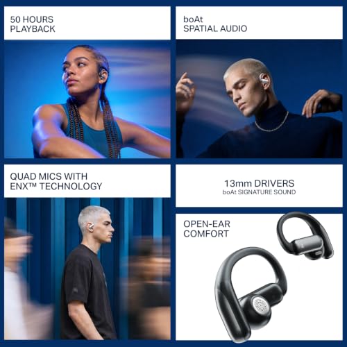 Image of boAt Airdopes Stride with Up to 50 Hrs Playtime, Quad Mics ENx Tech, Open-Ear Comfort, 13mm Drivers, Beast Mode, Spatial Audio, IPX4 Resistance, Multipoint Connectivity OWS Earbuds (Ash Black)