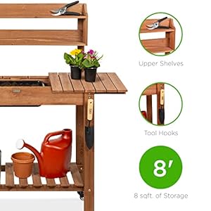 Best choice products mobile garden potting bench outdoor wood workstation table wsliding tabletop 4 locking wheels food grade dry sink storage shelves brown  urban country home decor