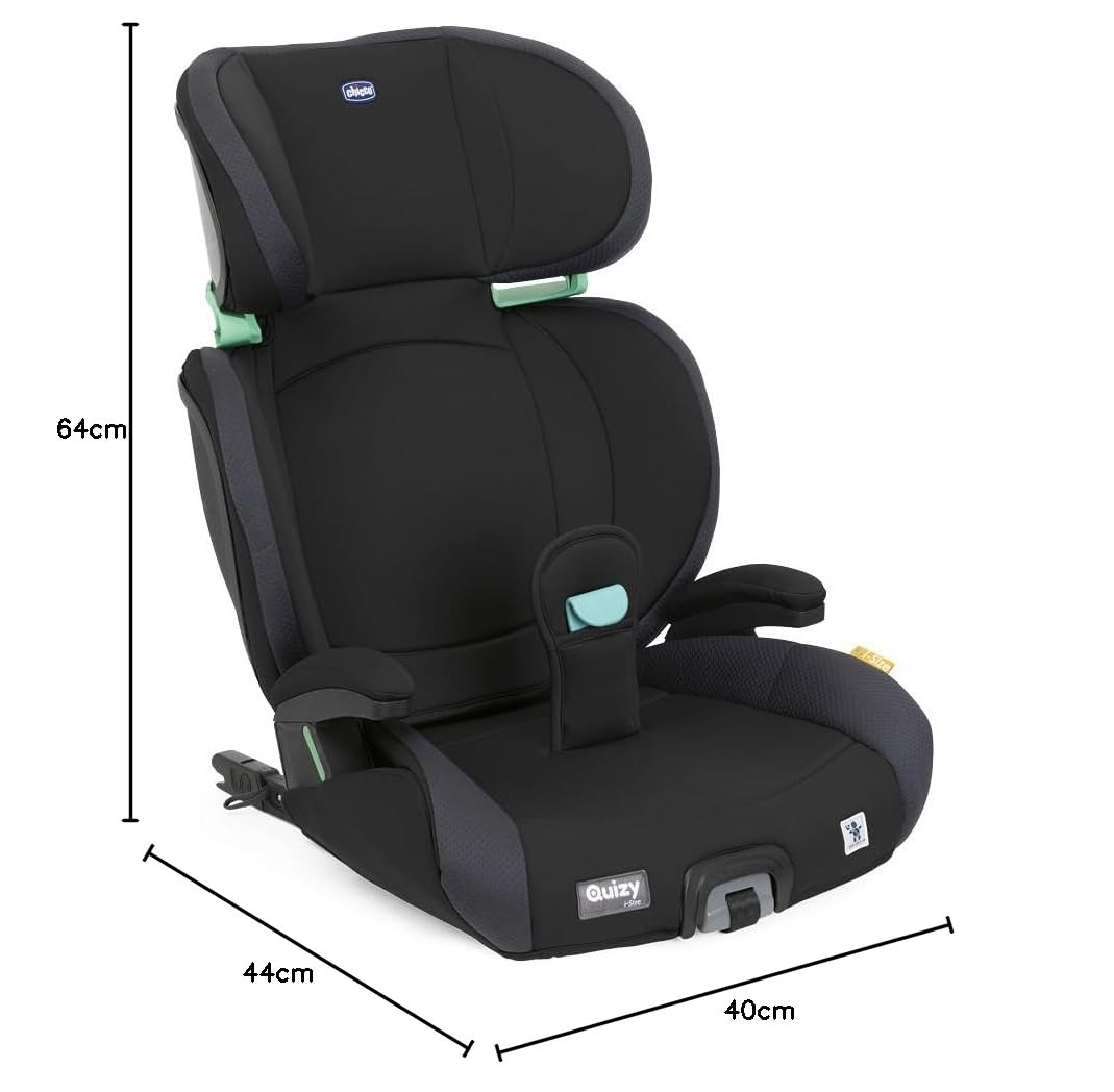 Chicco Quizy i-Size, Kindersitz 3-12 Jahre (100-150 cm), Mit Isofix-System, mit Liegeposition, Höhenverstellbar, mit gepolsterten Armlehnen und komfortablem Sitz, (15-36 kg), Gruppe 1/2/3, Schwarz
