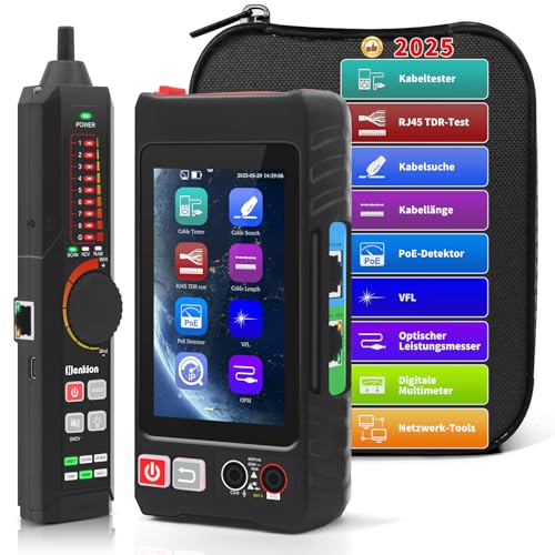 Henkion RJ45 Netzwerkkabeltester UTP-Kabeltester,Ethernet-Kabelverfolger, 4-Zoll-IPS-Touchscreen, unterstützt Netzwerktools, digitales Multimeter, OPM, POE++-Erkennung, RJ45 TDR, Kabellänge, NCV