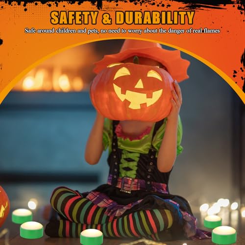 Image of Riakrum 6 Pieces Halloween Remote Timer LED Lights with Remote Summer Halloween LED Pumpkin Lights Battery Operated Lantern Bright Flameless Candle(Green,Warm Light)