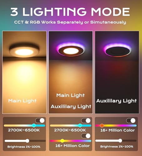 Image of [6 Pack] CLOUDY BAY 3 Inch RGB Smart Recessed Lighting with Gradient Accent Light and Night Light,2700K~6500K,7W Recessed Lights Ultra-Thin Downlight Compatible with Alexa and Google Home Assistant
