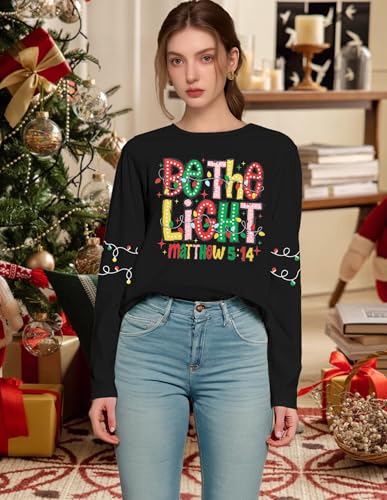Christmas Shirts Women Christian Graphic Long Sleeve Xmas Party Top Black - image 2