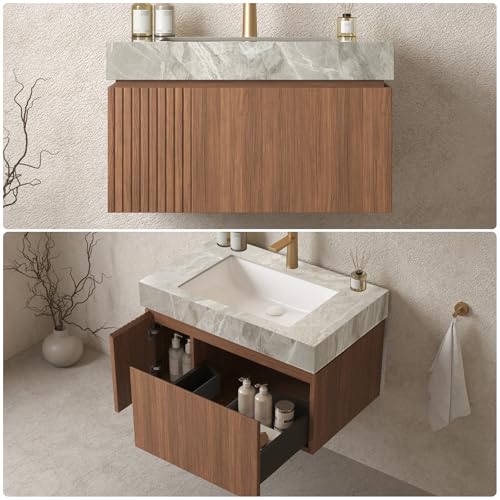 Image of 30 inch Bathroom Vanity with Sink, Wall-Mounted Plywood Bathroom Storage Cabinet with Ceramic Basin & Sintered Stone Countertop, Modern Pre-Assembled Floating Vanity with Drawer & Door, Brown Oak