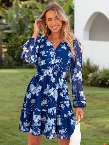 Image of Simplee Womens Spring Floral Mini Dress Long Sleeve Boho Chiffon Short Dress Casual Flowy Fall Wedding Guest Dresses