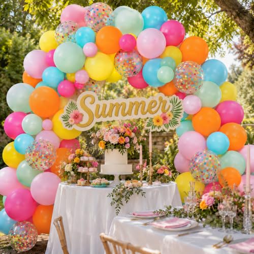 Image of HILAVO Rainbow Balloons 12 Inch 55 Pcs Multicolor Colorful Balloon Hot Pink Orange Teal Blue Yellow Green Confetti Latex Ballons for Summer Hawaiian Birthday Wedding Baby Shower Engagement Party Decor