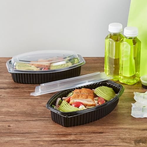 Image of Restaurantware-RW Base 28 Ounce Meal Prep Containers, 100 Microwavable To Go Containers With Lids - Disposable, Freezable, Black Plastic Oval Food Containers, Pack Hot And Cold Food, For Takeaway