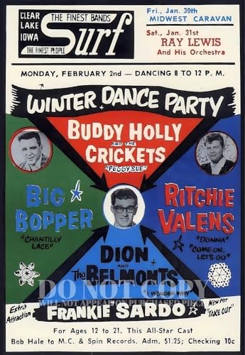 Póster de concierto de la fiesta de baile de invierno de 1959, cartel de rock and roll vintage