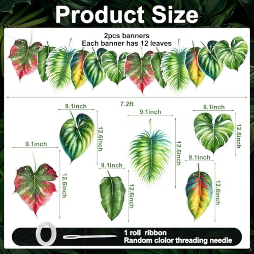 Image of Yeaqee 2 Pcs Tropical Palm Leaf Banner Garland Double-sided Summer Green Palm Waterproof Hawaiian Birthday Party Paper Backdrop Decoration for Luau Tropical Bachelorette Birthday Wedding Baby Shower