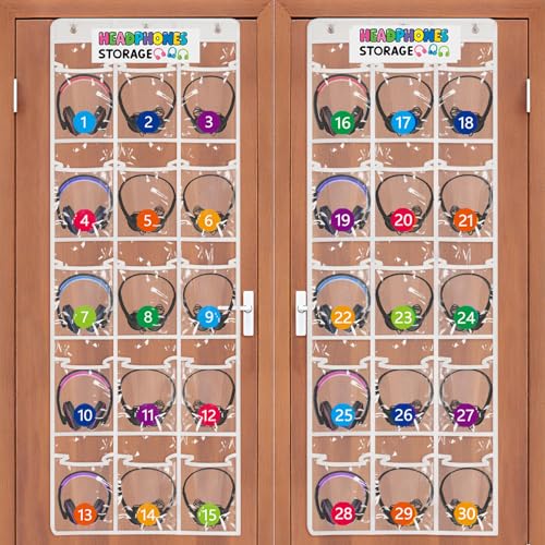 Olpchee 2 Pack Classroom Headphone Storage Organizer with 30 Pockets PVC Clear Classroom Pocket Chart for Headphone Cell Phone Over-the-Door Hanging Headphone Holder Bag with 62 Labels(White)
