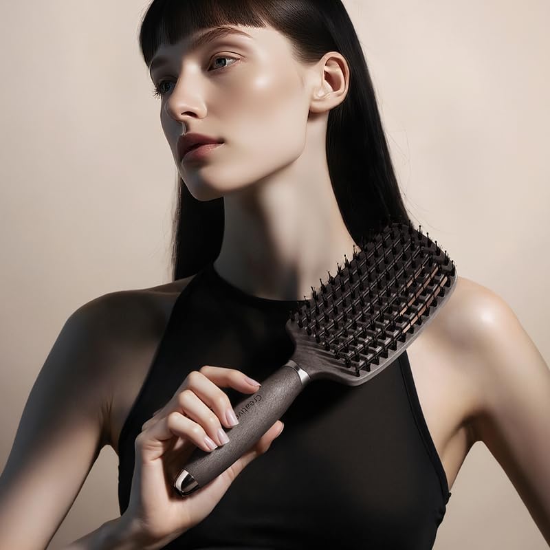 Boar Bristle Hair Brush for Women, Curved Vented Detangling Brushes for Wet& Dry Hair, Styling Paddle Massage Hairbrush for Slick Back, Volume and Shine,Ergonomic Handle for Comfortable Grip