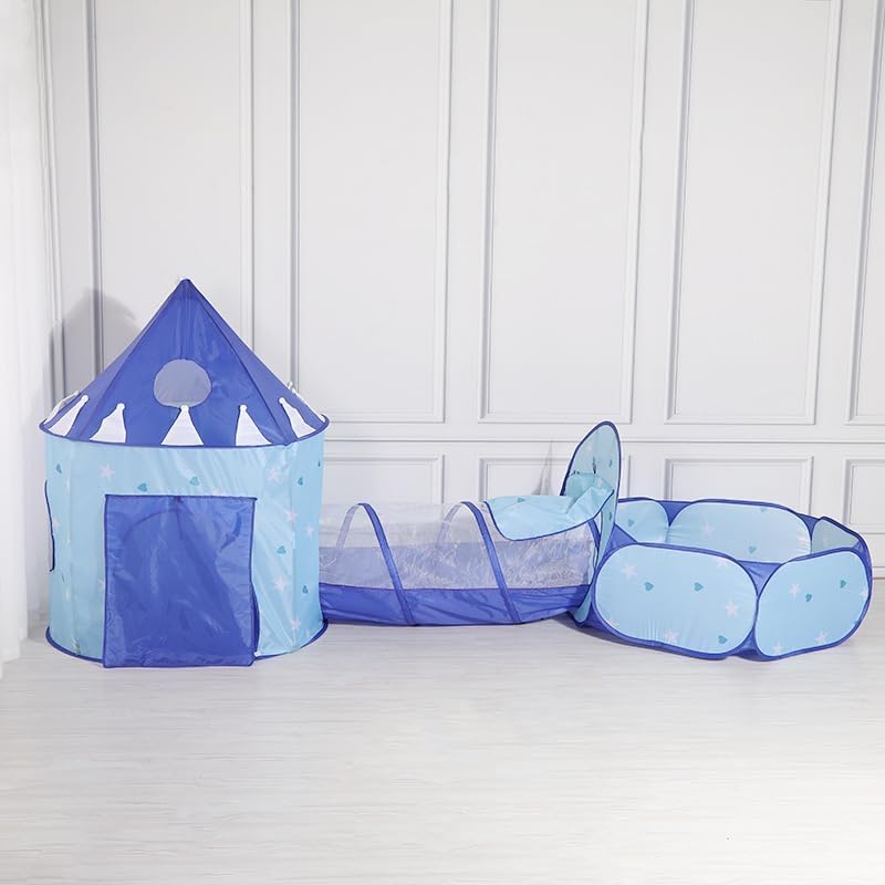 Benebomo 3-in-1 Kids Play Tent Set with Tunnel and Ball Pit, Blue Castle Design, Indoor Playhouse
