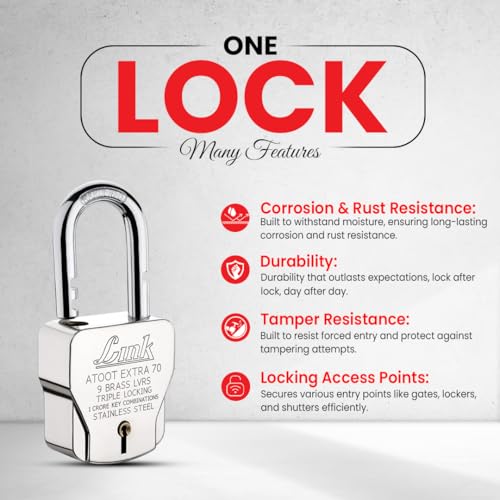 Image of Link Atoot Extra 70mm Padlocks 5Pcs Set | 1 Crore Key Combinations | Stainless Steel Body | Hardened Shackle | 9 Brass Levers | Made in India | 3 Silver Keys with Keychain | 3Kyes for Each Padlock