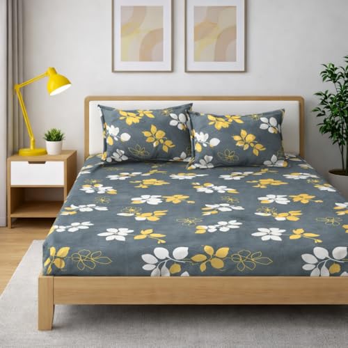 Image of 350 TC Premium Heavy Cotton Feel Elastic Fitted Bedsheet King Size with 2 Pillow Covers || Double Bed with All Around Elastic (Green&Yellow, Fitted - 72 inchx78 inch King)