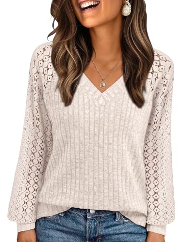 AUTOMET Women Long Sleeve Shirts Fall Lace Tops 2025 Fashion V Neck Winter Sweaters Dressy Casual Tunic Blouse Work Clothing Apricot XL