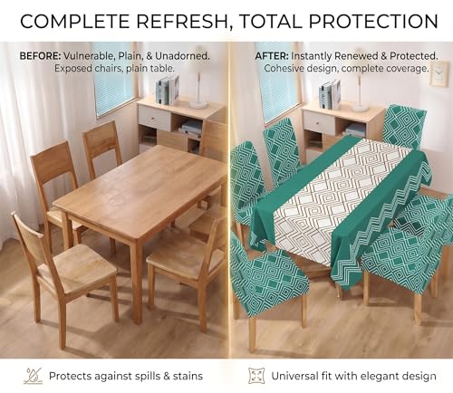 Image of Styleys Dining Chair Cover with Table Covers for Kitchen Waterproof Dining Table Cloth (1 Table Cover + 6 Chair Cover, Green Abstract, K732)