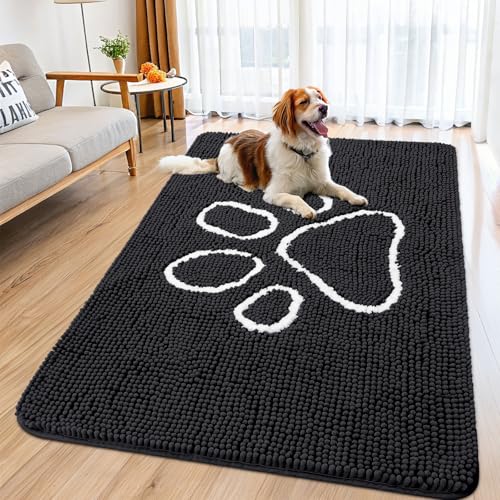 Image of Smiry Dog Door Mat for Muddy Paws, Absorbent Dirt Trapper Non Slip Quick Dry Washable Chenille Mat for Mud Dogs, Entry Rug for Indoor and Outdoor (59x32 Inches, Black and White)