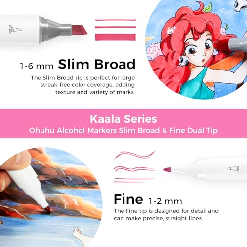 Image of Ohuhu Alcohol Markers: 60 Colors Slim Broad and Fine Double Tipped Kaala Marker for Artists Adults Coloring Drawing Cartoon Anime Comic - Professional Art Pens with Ink Refillable Giftable Pen Set