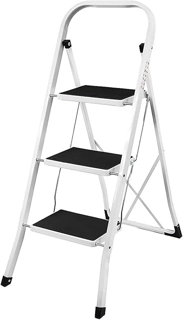 RALPHS® Foldable 3 Step Ladder Stepladder with Non Slip Rubber Tread and Safety Lock Steel EN131 And CE Standard (White)
