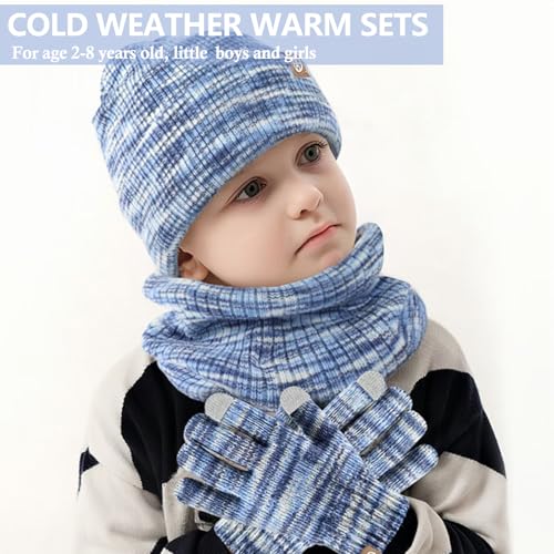 Image of Kids Winter Hat Scarf Gloves Set - Thermal Knitted Beanie with Soft Fleece Neck Warmer for Children Aged 2-8