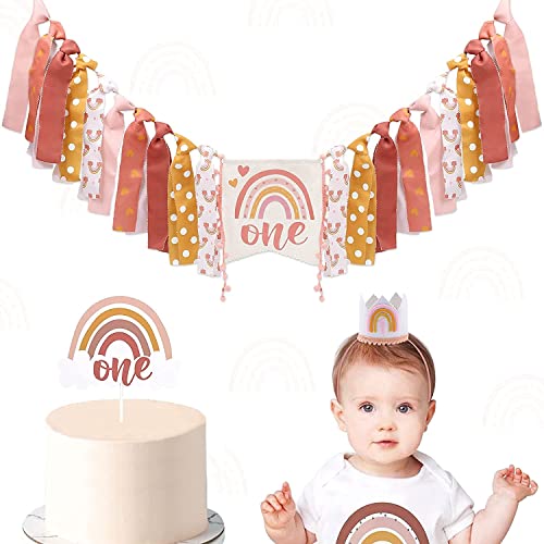 Boho, diseño de arco iris para trona, decoración de tarta de arco iris, con corona bohemia, para...