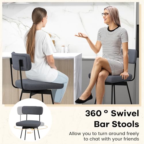 Juego de 2 butacos de bar COSTWAY, sillas altas tapizadas con respaldo, giratorias 360° con patas metálicas reforzadas y reposapiés, asiento de tela para isla de cocina, comedor o bar (gris) miniatura 4