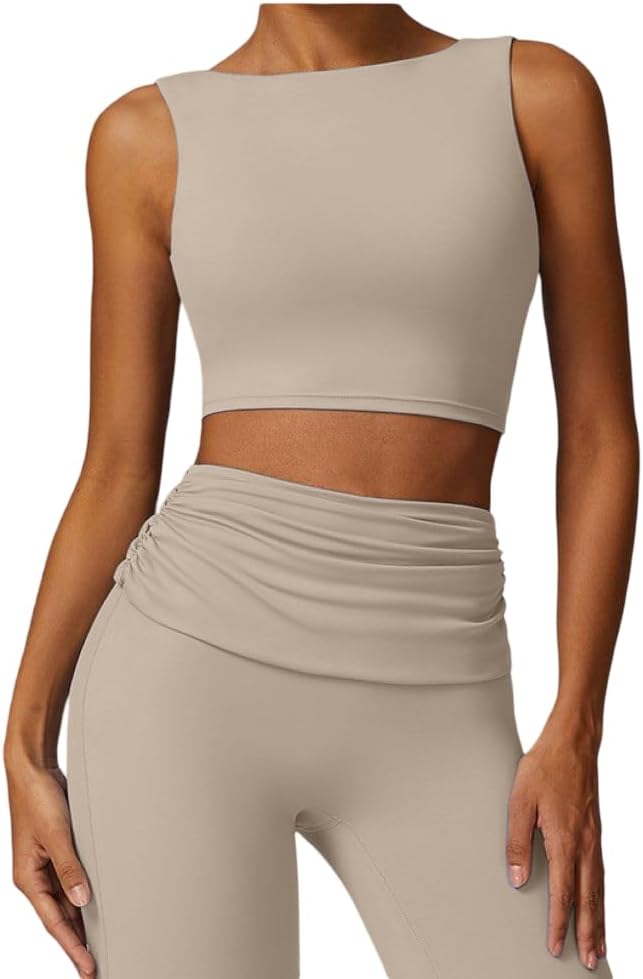 Workout Sets for Women - Seamless Flare Leggings, Wide Leg Fold Over Yoga Pants, Backless Crop Bra