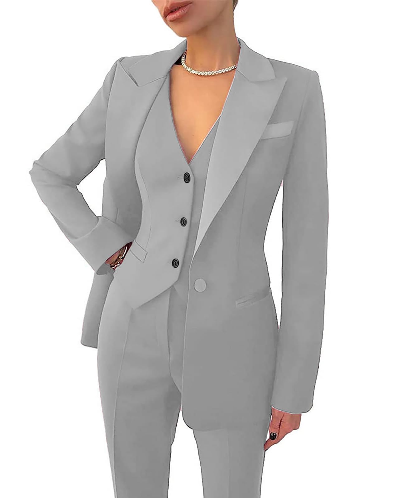 Leader of the Beauty Women's 3 Piece Office Work Blazer Vest Pants Business Pants Set Prom Party Suit Silver