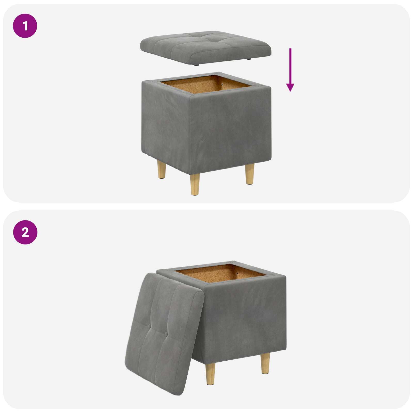 Taburete con espacio de almacenamiento, terciopelo, 40 x 40 | Tapicería de terciopelo con tapa plegable para dormitorio y sala de estar. Las patas estables ofrecen una capacidad de carga