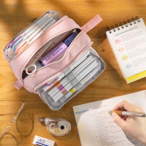 Image of CICIMELON Large Capacity Pen Pencil Case with 4 Compartments, Multi-Slot Pencil Pouch Bag Aesthetic School Supplies Organizer for Teen Girls, Women, Adults (Pink)